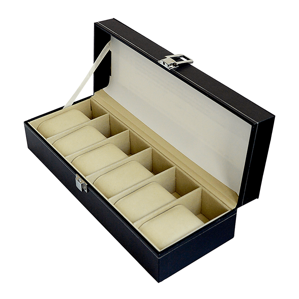 6 Slot Mens Watch Display Case Box Black Pu Leather