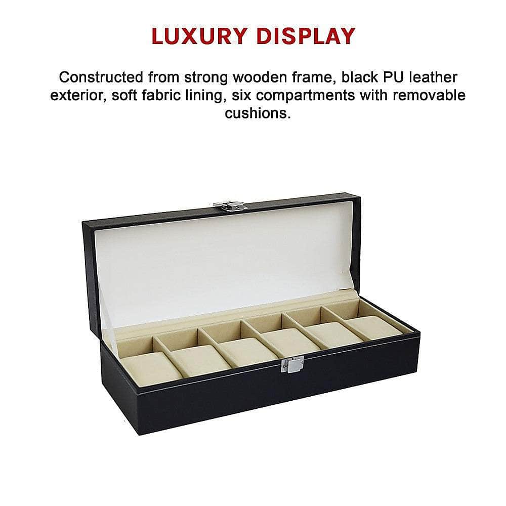 6 Slot Mens Watch Display Case Box Black Pu Leather