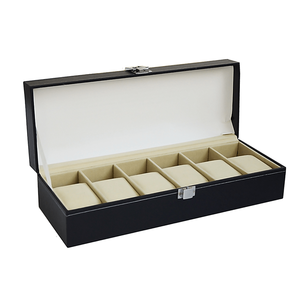 6 Slot Mens Watch Display Case Box Black Pu Leather