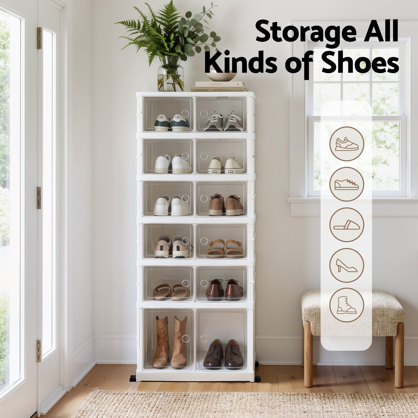 White colour - 6-Tier Foldable Shoe Rack 12 Pairs White Storage Organizer Entryway - photo 10