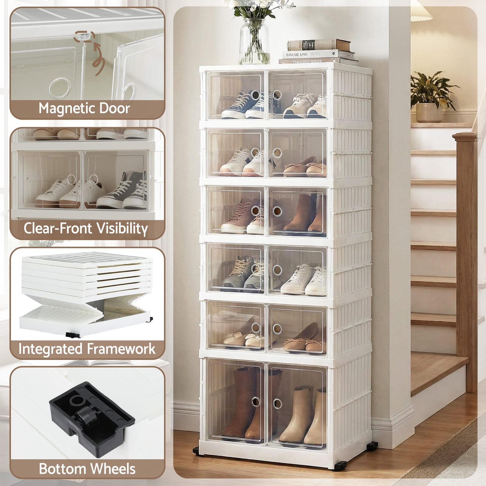 6-Tier Foldable Shoe Rack 12 Pairs White Storage Organizer Entryway - White colour