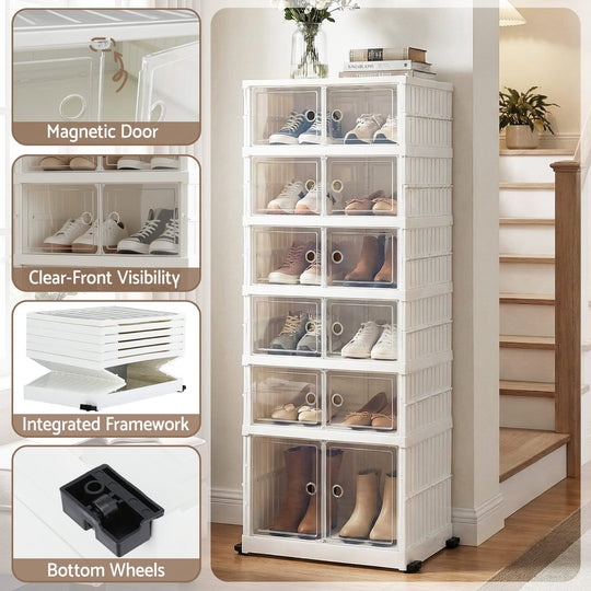 6-Tier Foldable Shoe Rack 12 Pairs White Storage Organizer Entryway - White colour