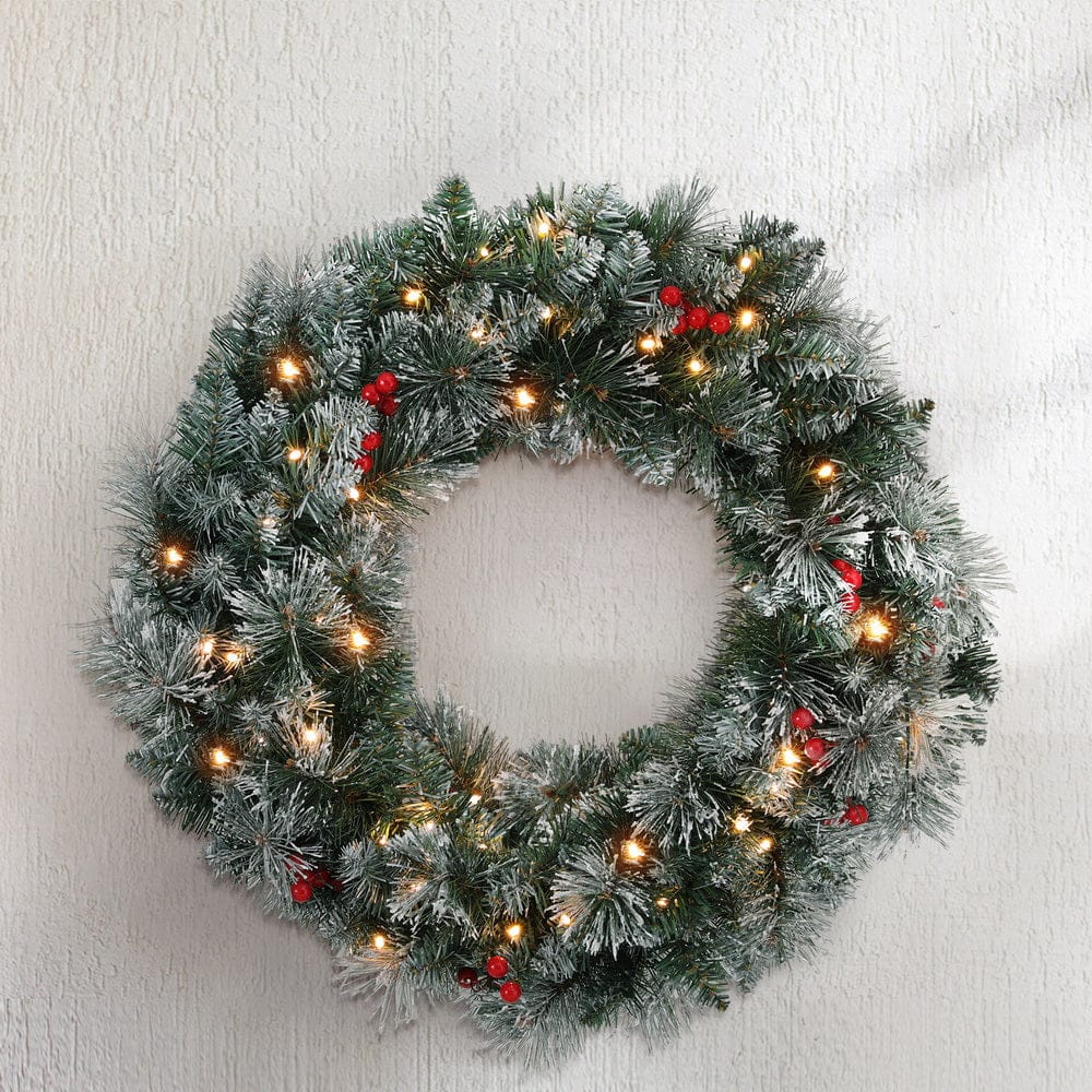 60cm Christmas Wreath LED Lights Snowy Berries Garland Party Decor with Christmas Wreaths & Garlands