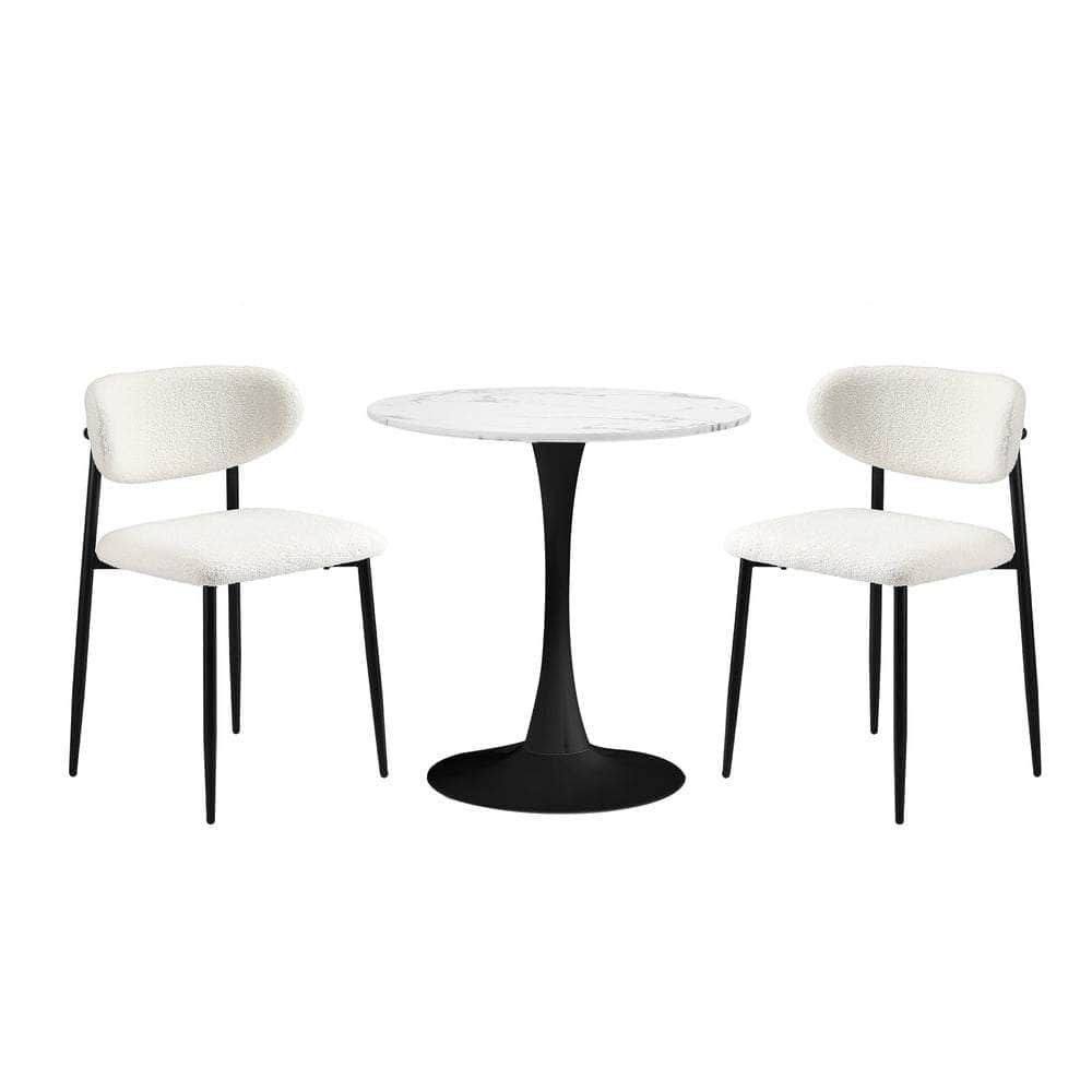 60cm Round Dining Table with 2x Dining Chairs Boucle White&Black