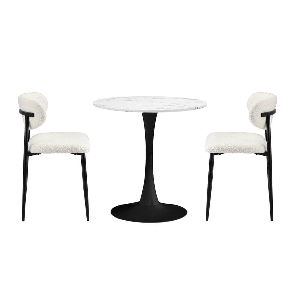 60cm Round Dining Table with 2x Dining Chairs Boucle White&Black