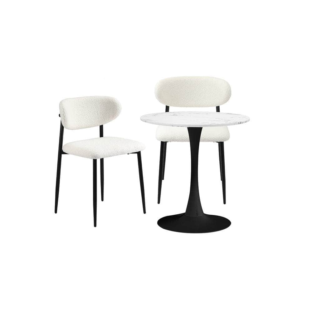 60cm Round Dining Table with 2x Dining Chairs Boucle White&Black