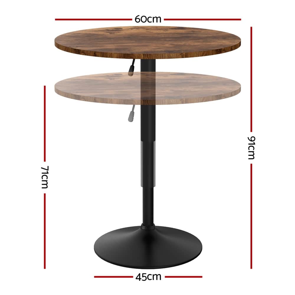 60cm Rustic Brown Black Bar Table Round Height Adjustable 360 Swivel Gas Lift