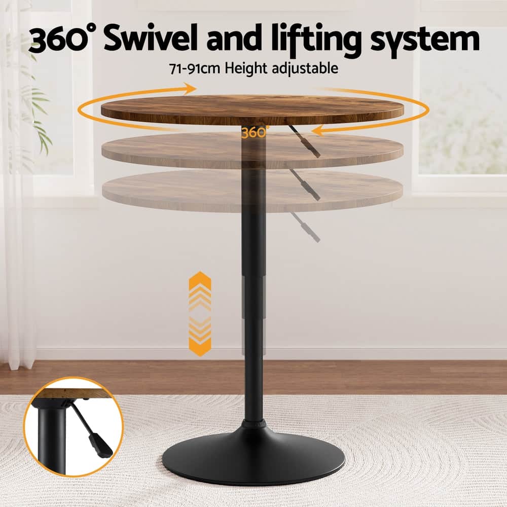 60cm Rustic Brown Black Bar Table Round Height Adjustable 360 Swivel Gas Lift