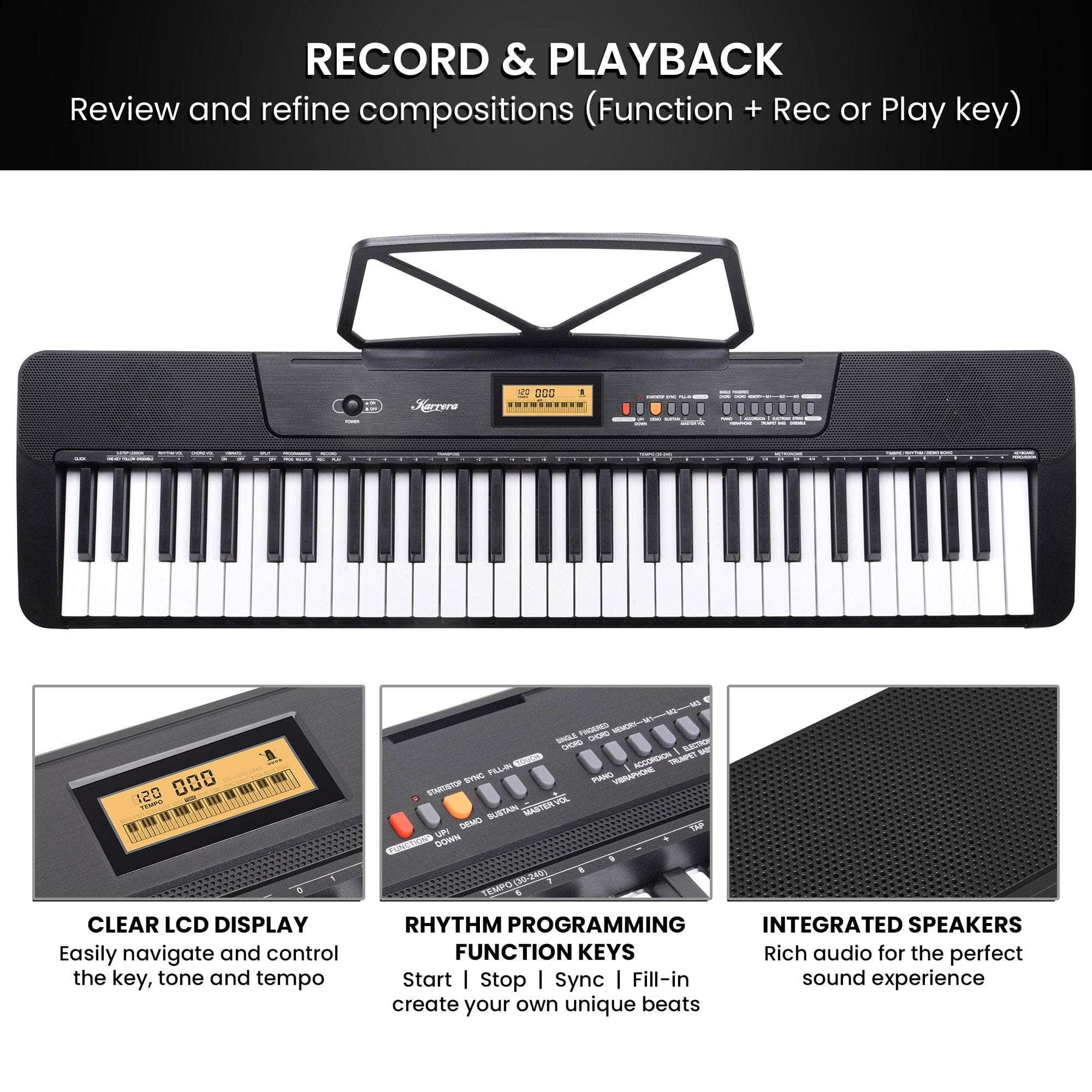 61-Key Electronic Keyboard with LCD Display and Touch Response
