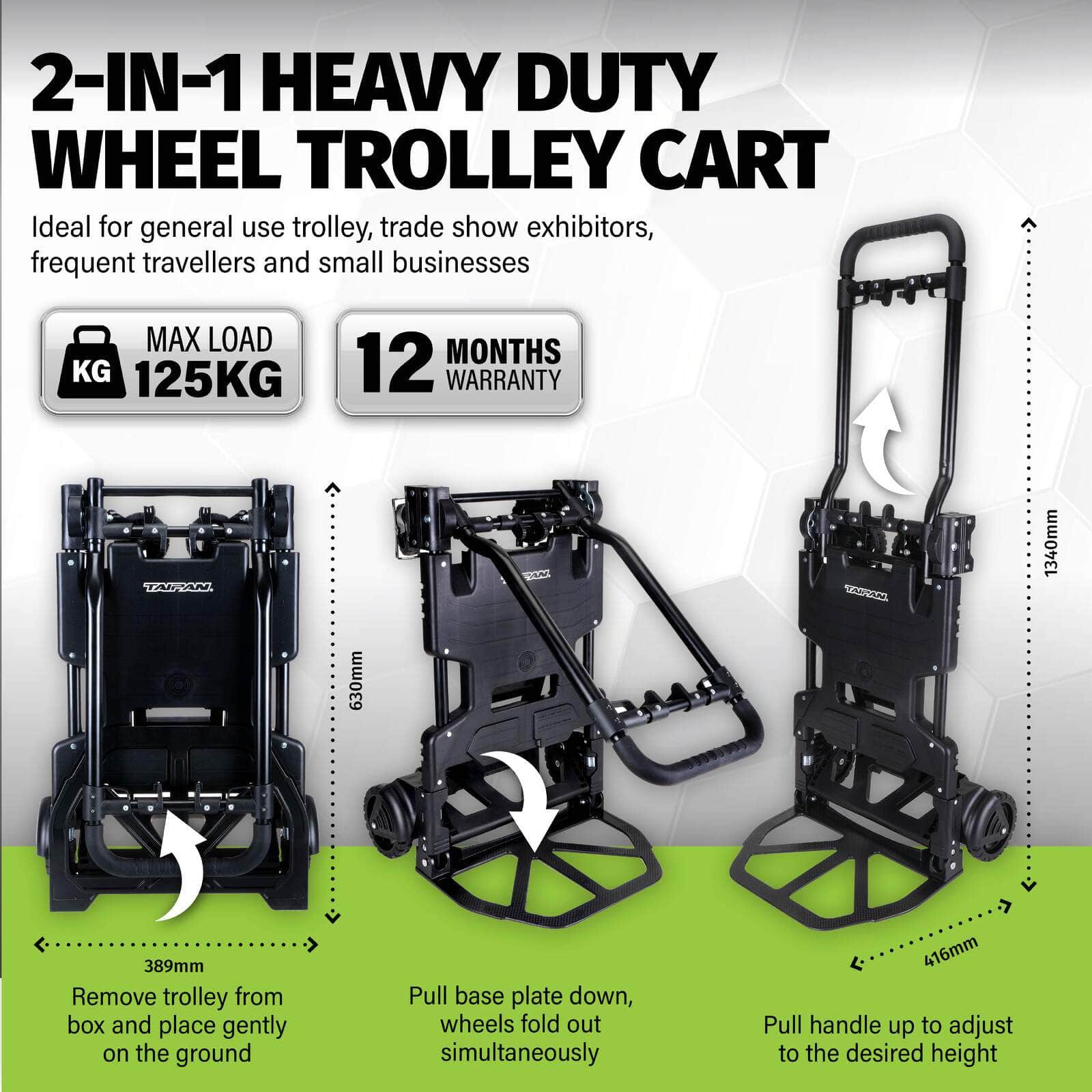 65-125KG Foldable Trolley Cart Aluminium 2-In-1 Design Adjustable