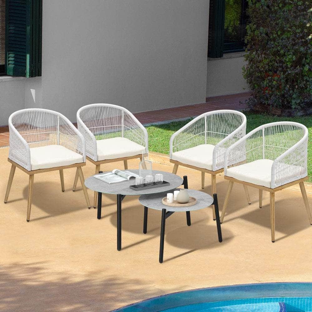 6PC Outdoor Patio Set Grey Table Sets Polyester Chair Rope