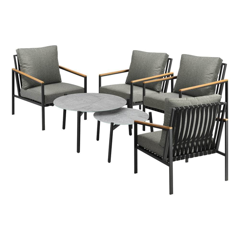 6PCS Outdoor Lounge Set Grey Coffee Table with Rattan Chairs Patio Garden