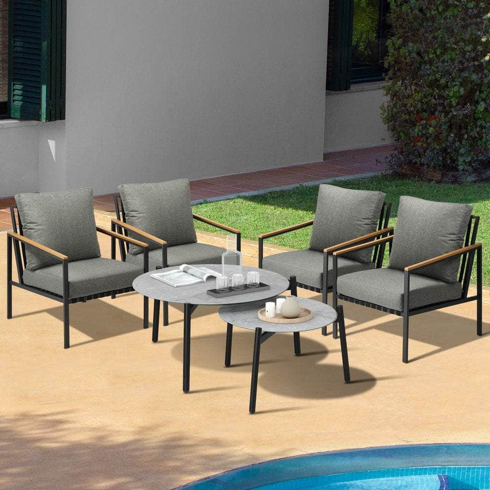 6PCS Outdoor Lounge Set Grey Coffee Table with Rattan Chairs Patio Garden
