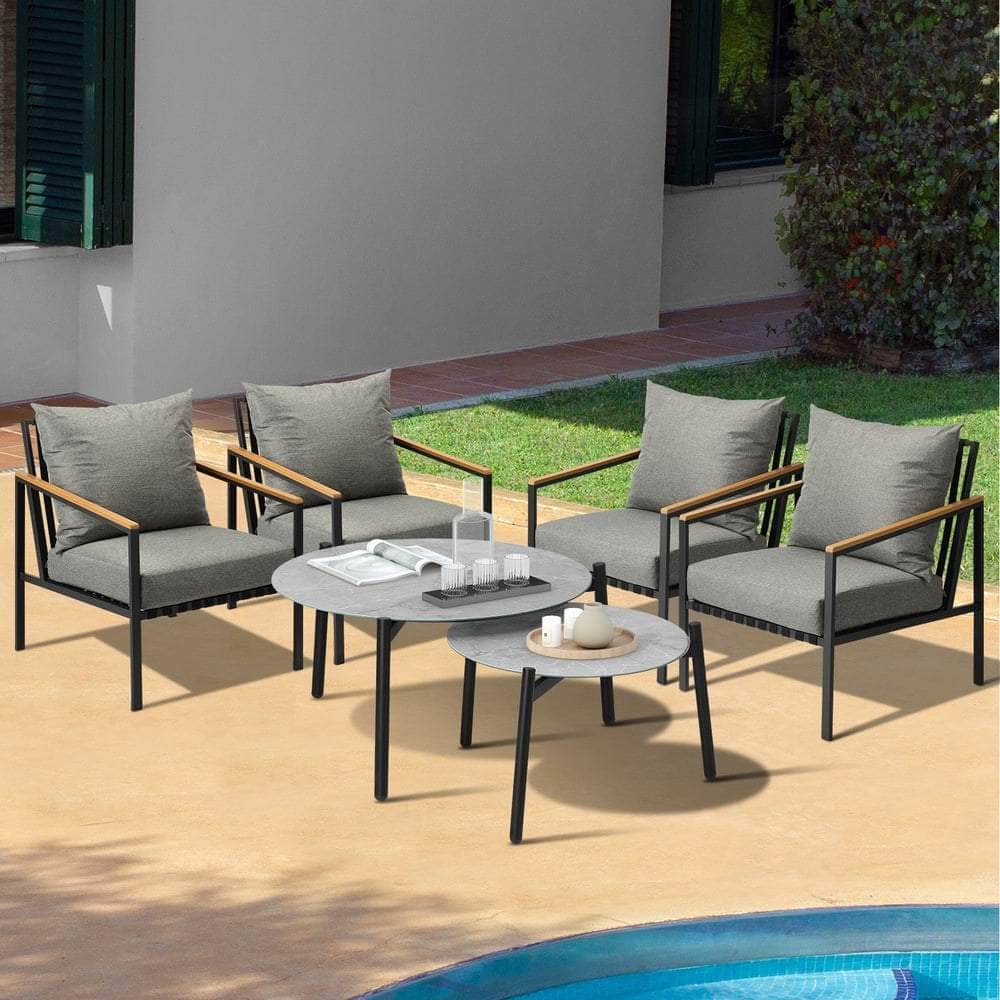 6PCS Outdoor Lounge Set with Grey Chairs & 50/70cm Coffee Table for Patio