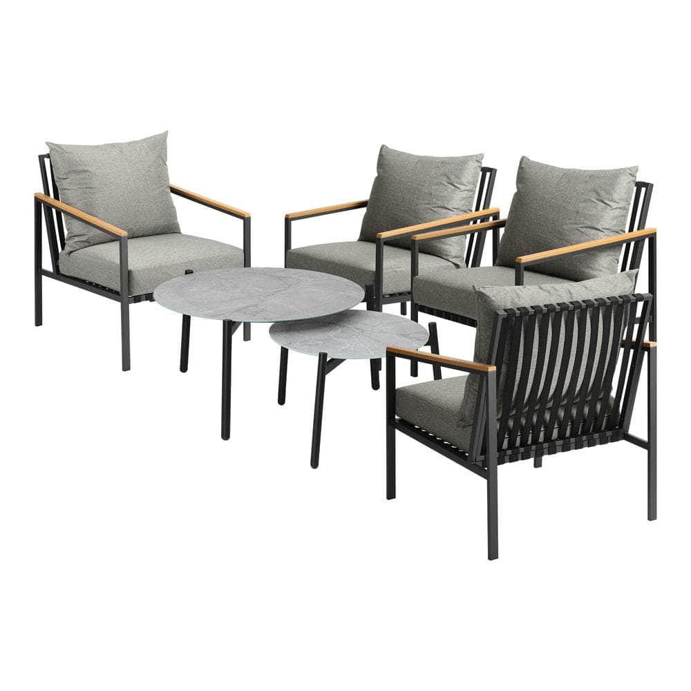 6PCS Outdoor Lounge Set with Grey Chairs & 50/70cm Coffee Table for Patio