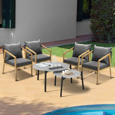 6PCS Outdoor Patio Set Grey 70cm Coffee Table Set Natural Chairs