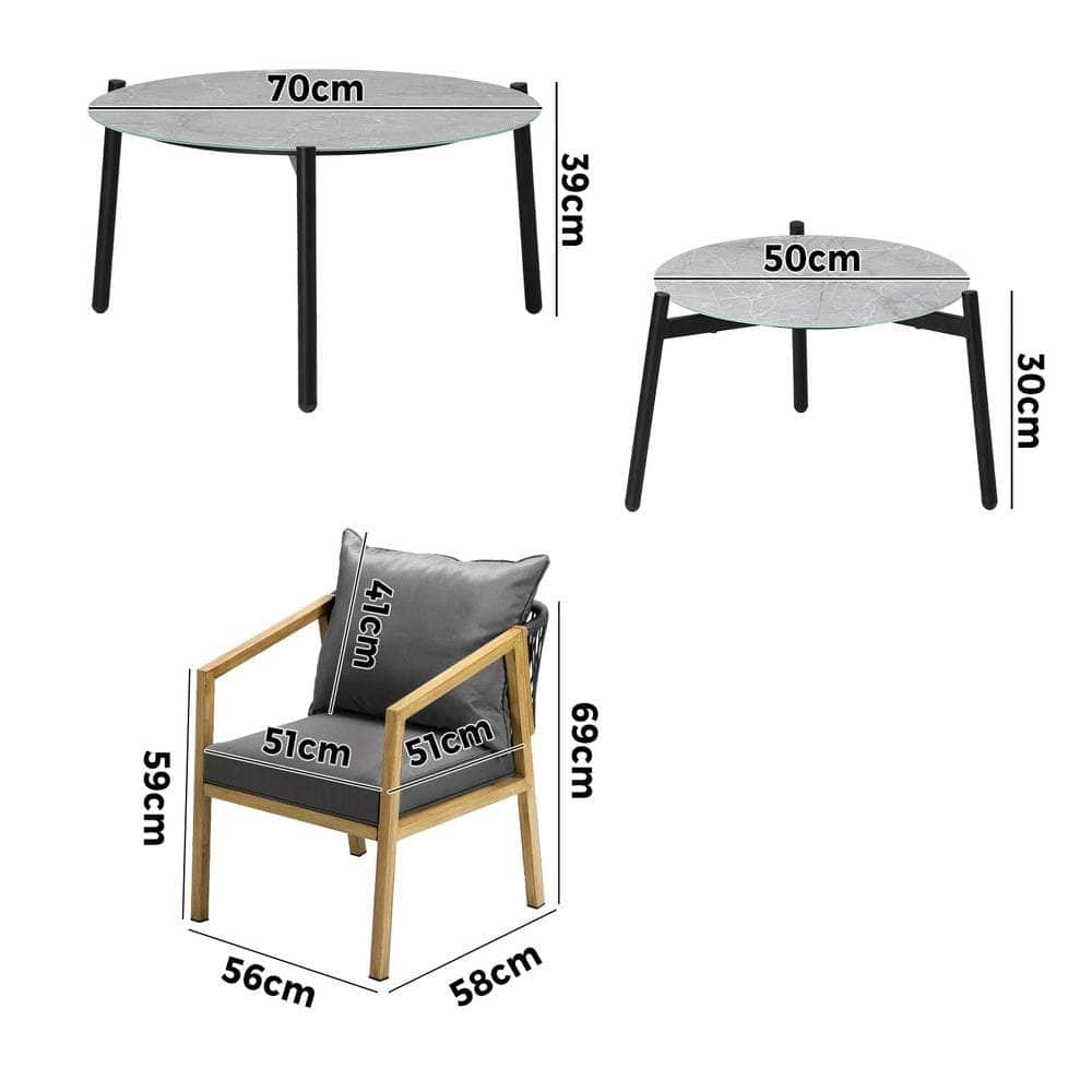 6PCS Outdoor Patio Set Grey 70cm Coffee Table Set Natural Chairs