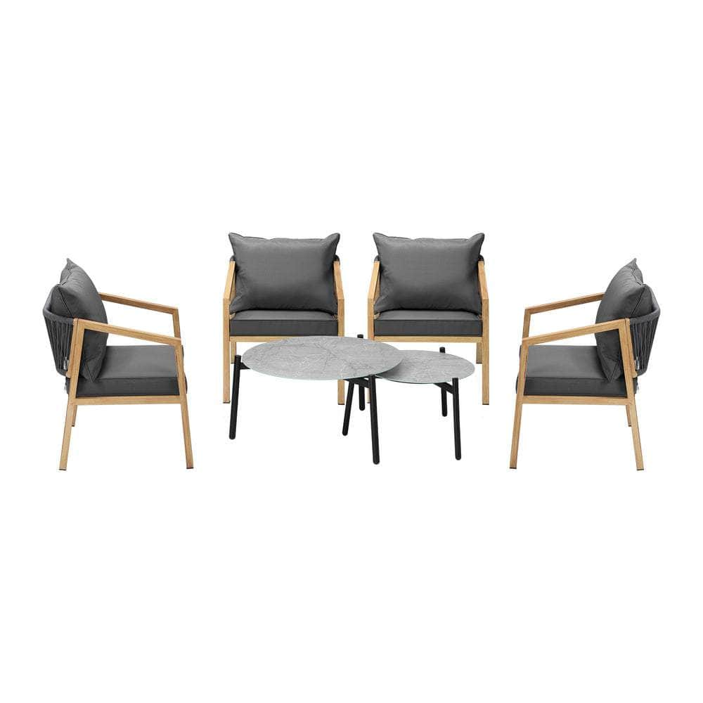 6PCS Outdoor Patio Set Grey 70cm Coffee Table Set Natural Chairs