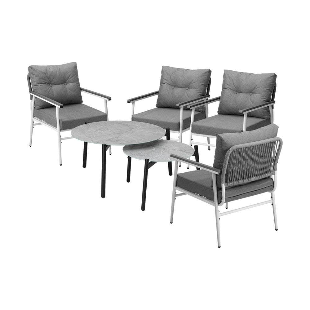 6PCS Outdoor Patio Set White Black & Grey Table Set with White Chairs