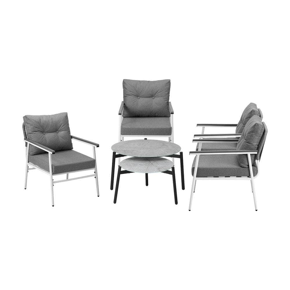 6PCS Outdoor Patio Set White Black & Grey Table Set with White Chairs