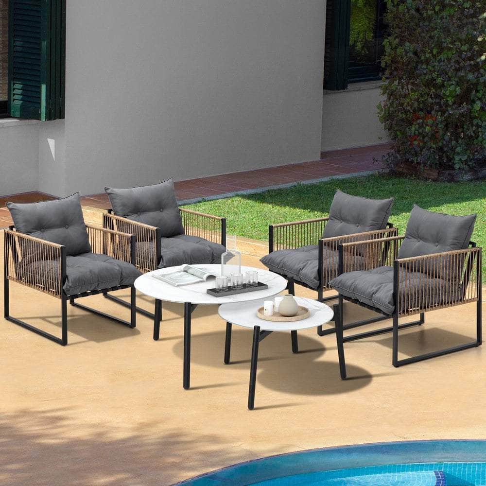 6PCS Outdoor Patio Set with Rattan Chairs & Grey Coffee Table for Garden
