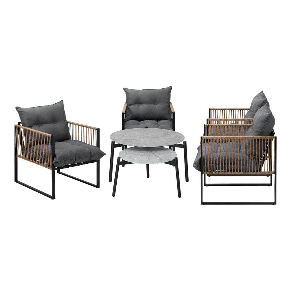 6PCS Outdoor Patio Set with Rattan Chairs & Grey Coffee Table for Garden