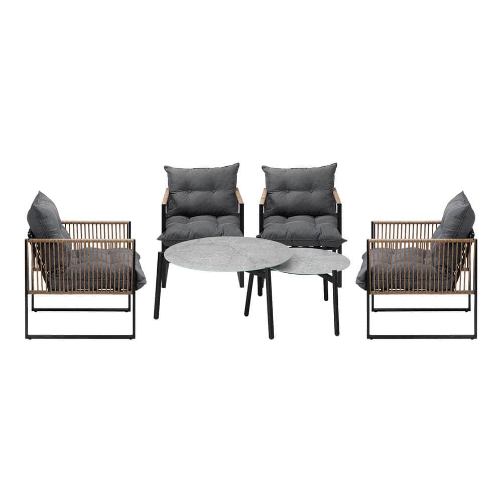 6PCS Outdoor Patio Set with Rattan Chairs & Grey Coffee Table for Garden