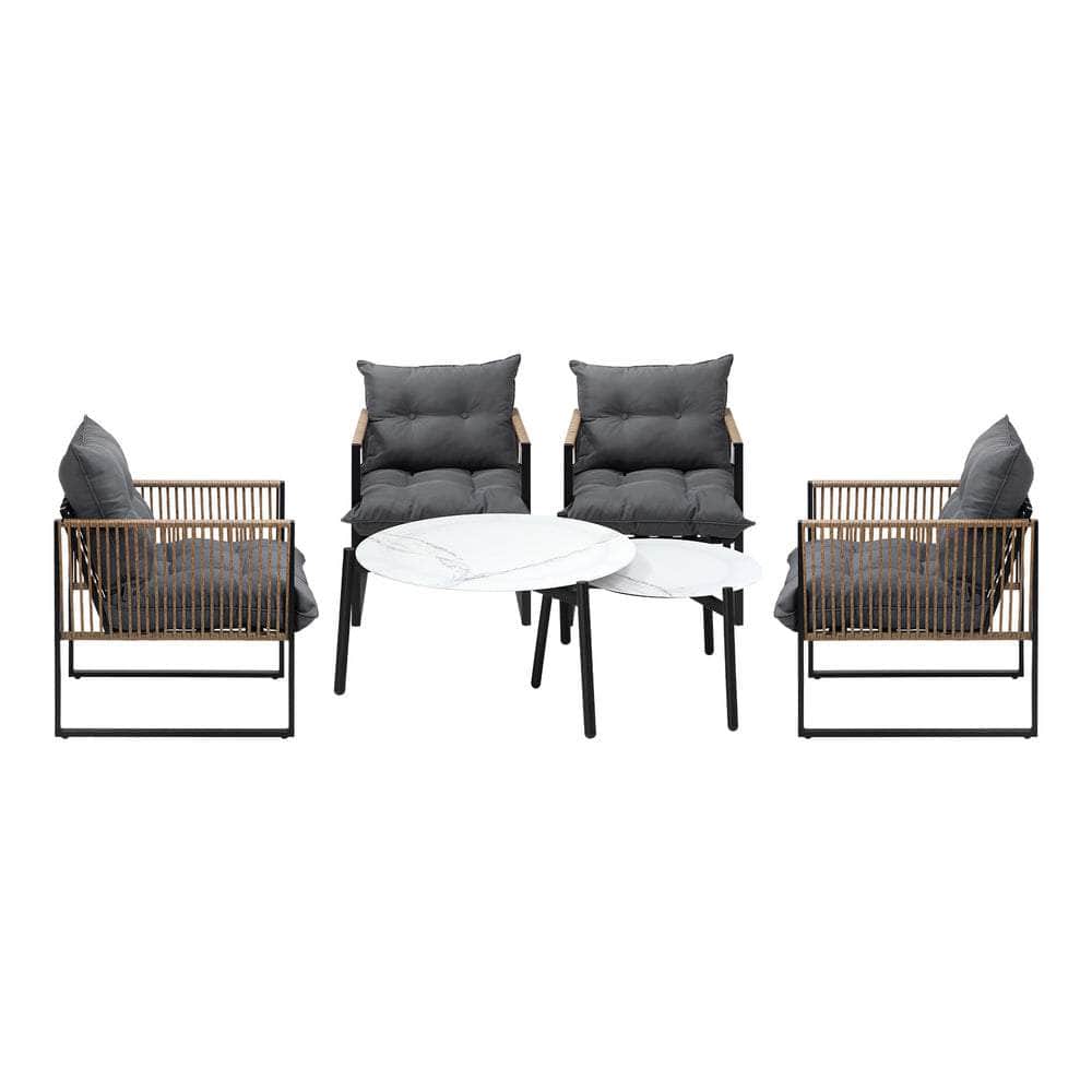 6PCS Outdoor Patio Set with Rattan Chairs & Grey Coffee Table for Garden
