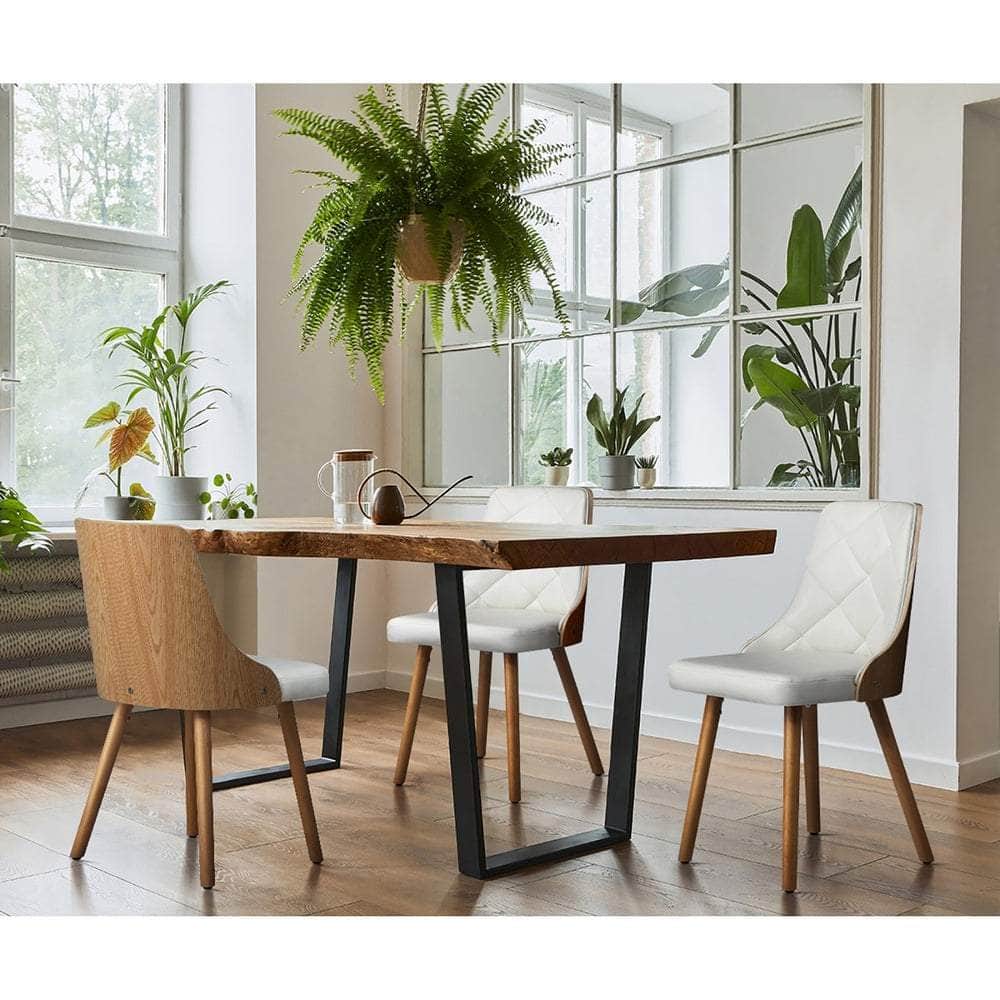 6x Wooden Dining Chairs with White Leather Padded Seats for Dining Room