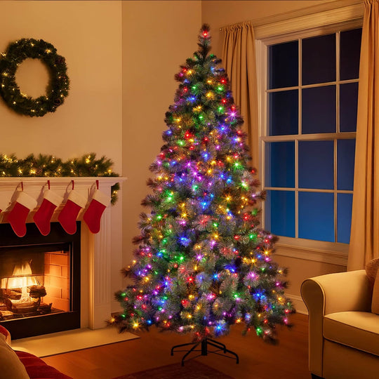 7.5ft Christmas Tree Glittery Gold Pine 650 LED Multi functional Lights Xmas Decor with Pine finish