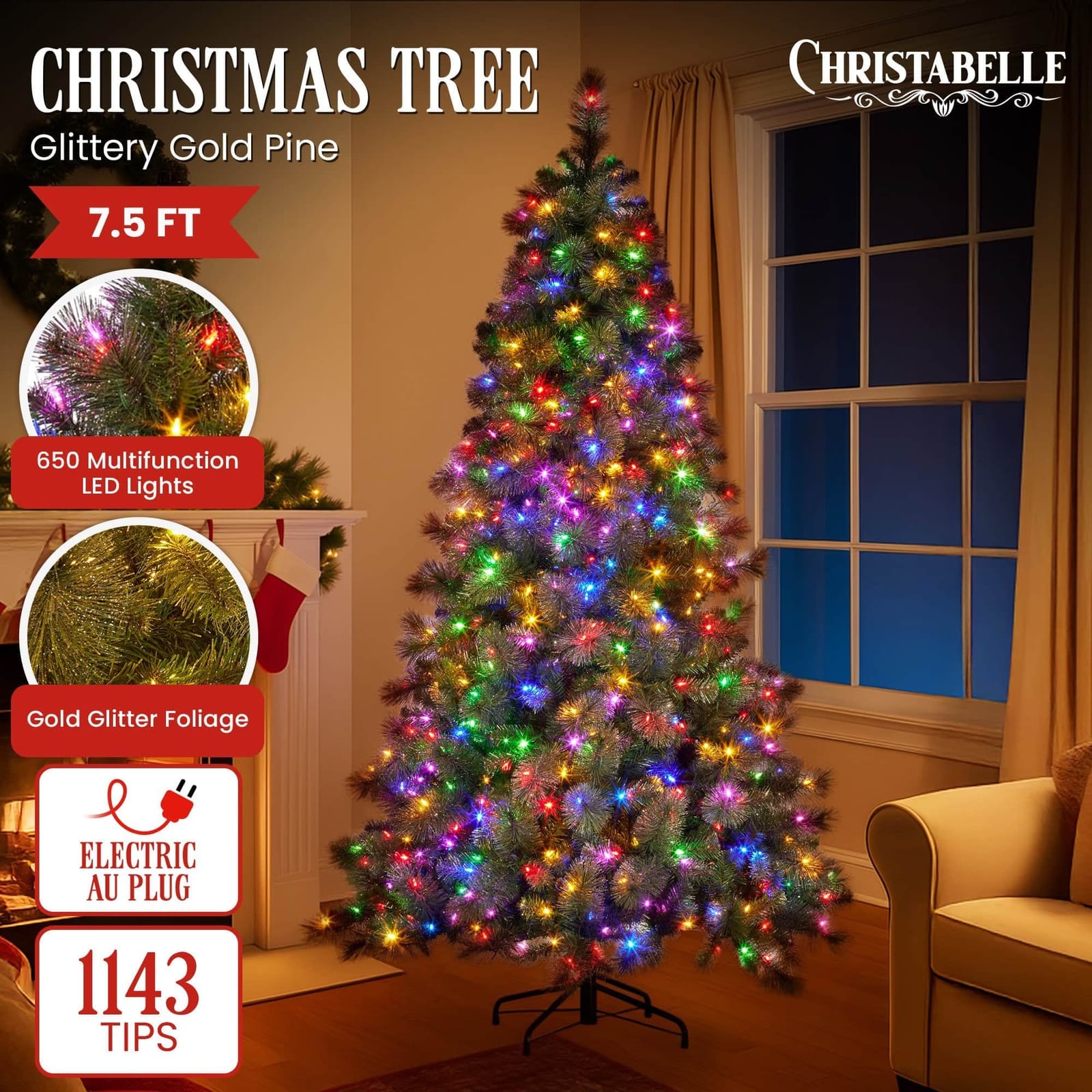 7.5ft Christmas Tree Glittery Gold Pine 650 LED Multi functional Lights Xmas Decor with Gold colour