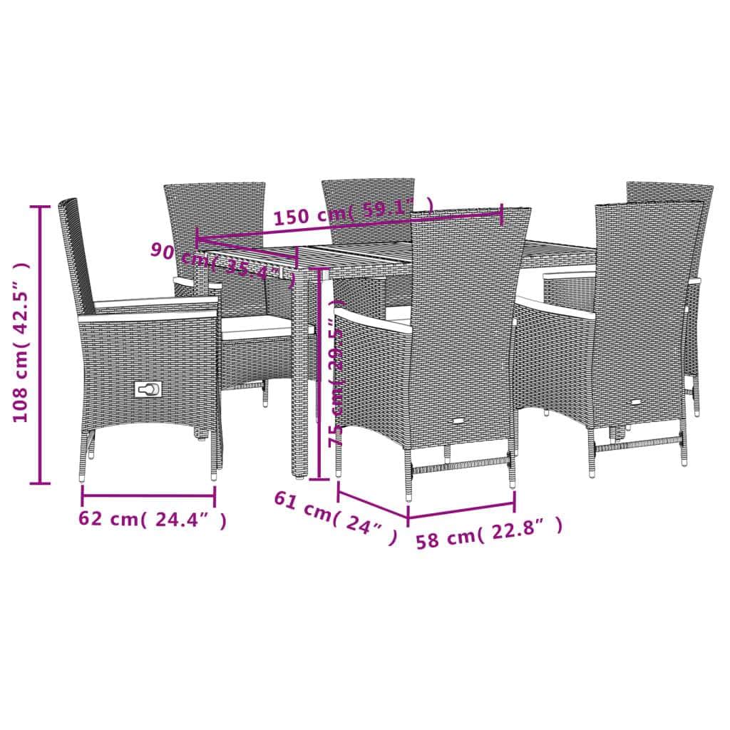 7 Pcs Garden Dining Set with Cushions Black Poly Rattan