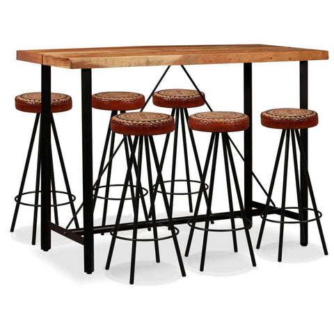 7 Piece Bar Set Solid Sheesham Wood, Genuine Leather & Canvas