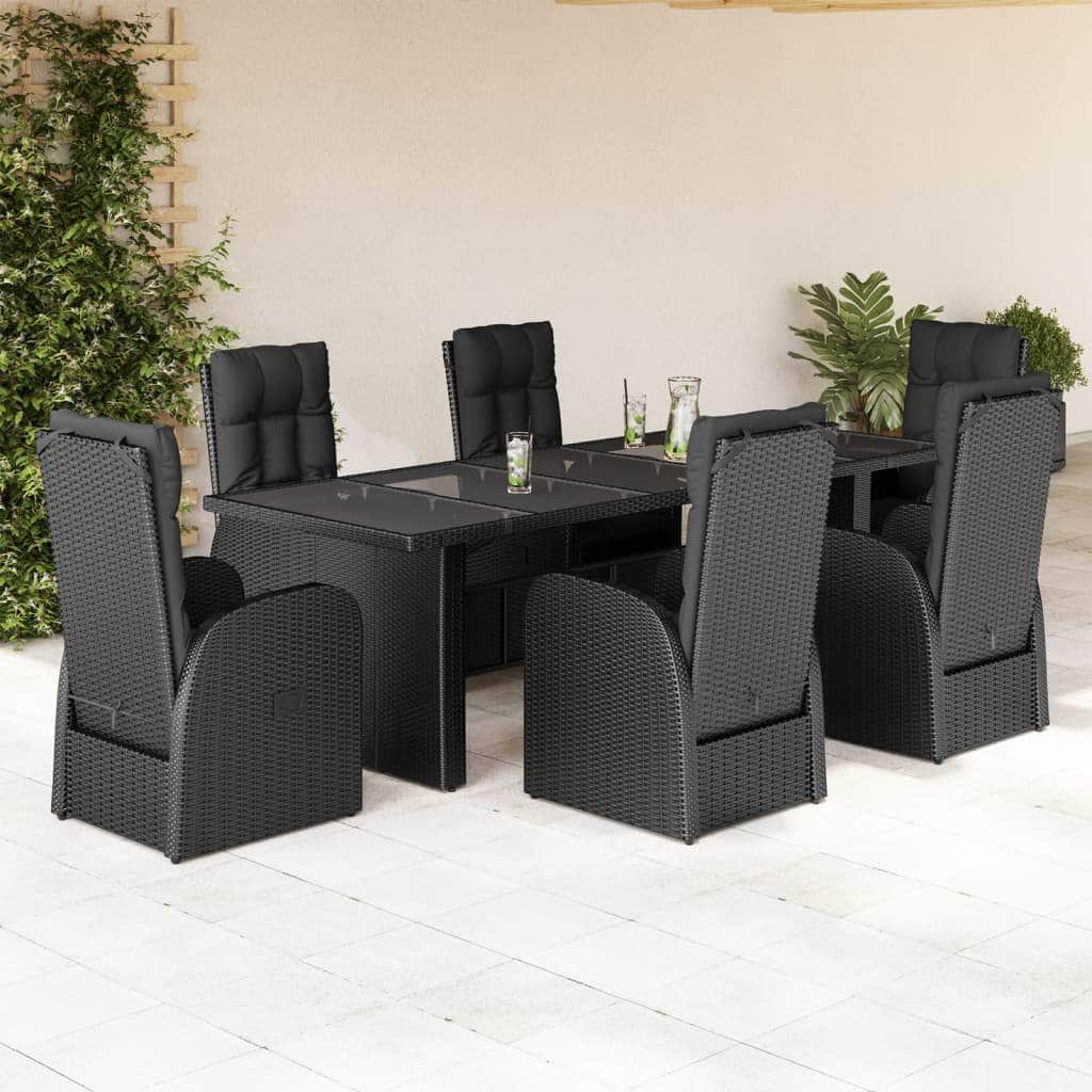 7 Piece Garden Dining Set with Cushions Black Poly Rattan