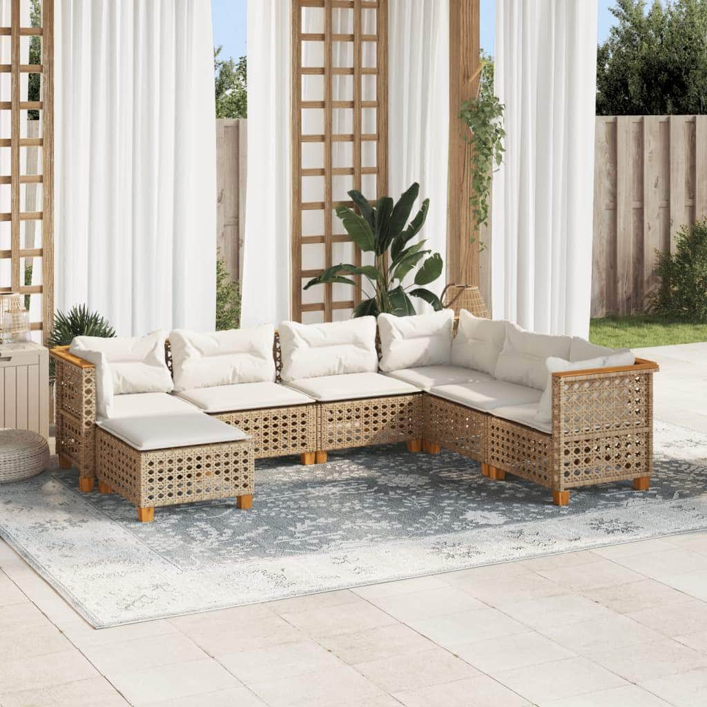 7 Piece Garden Sofa Set with Cushions Beige - Poly Rattan