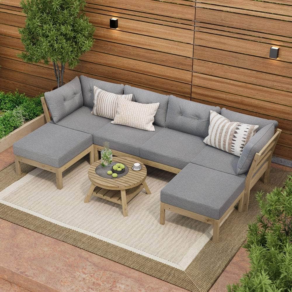 7 Piece Outdoor Lounge Sofa Set in Grey Rattan Garden Furniture for Patio
