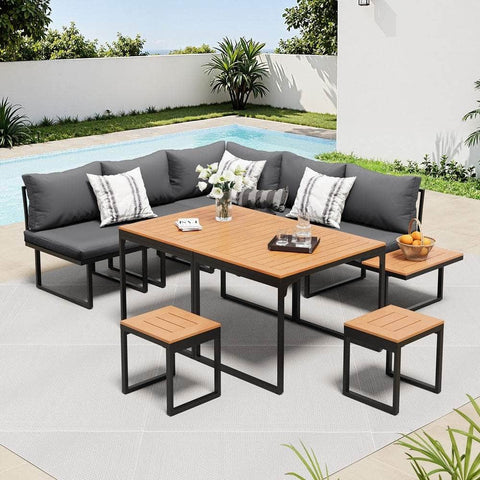7 Seater Outdoor Dining Set Sofa Lounge Patio Table Stool Grey