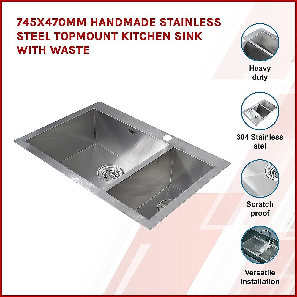 745x505mm Handmade Stainless Steel Topmount Kitchen Sink with Waste