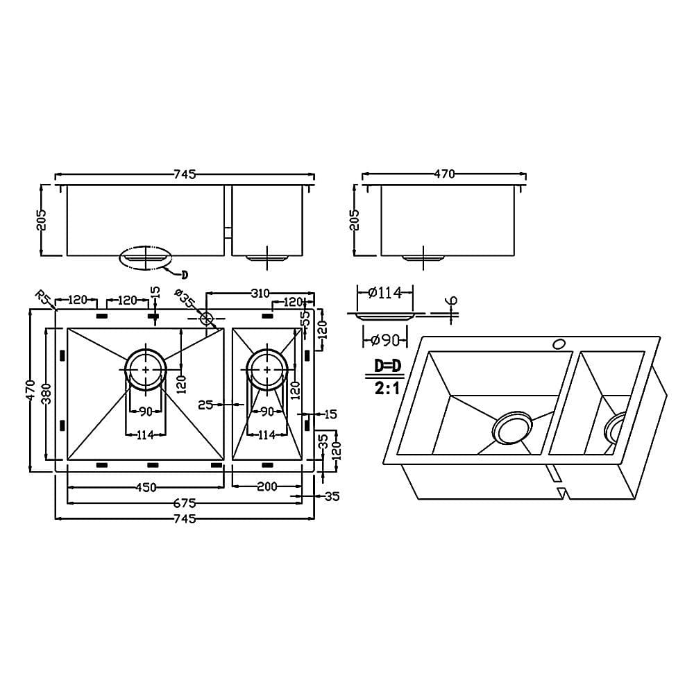 745x505mm Handmade Stainless Steel Topmount Kitchen Sink with Waste