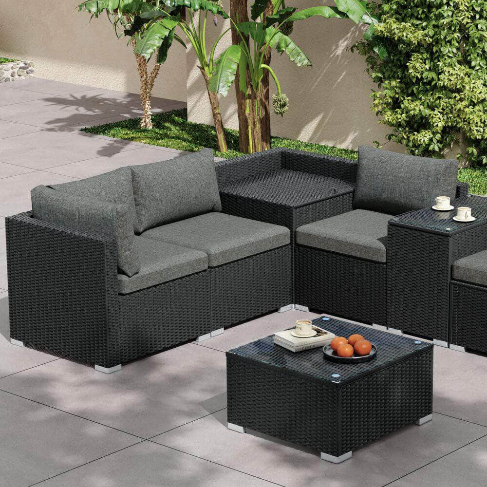 7Pc Outdoor Wicker Loveseat Setting With Storage Corner (Black)