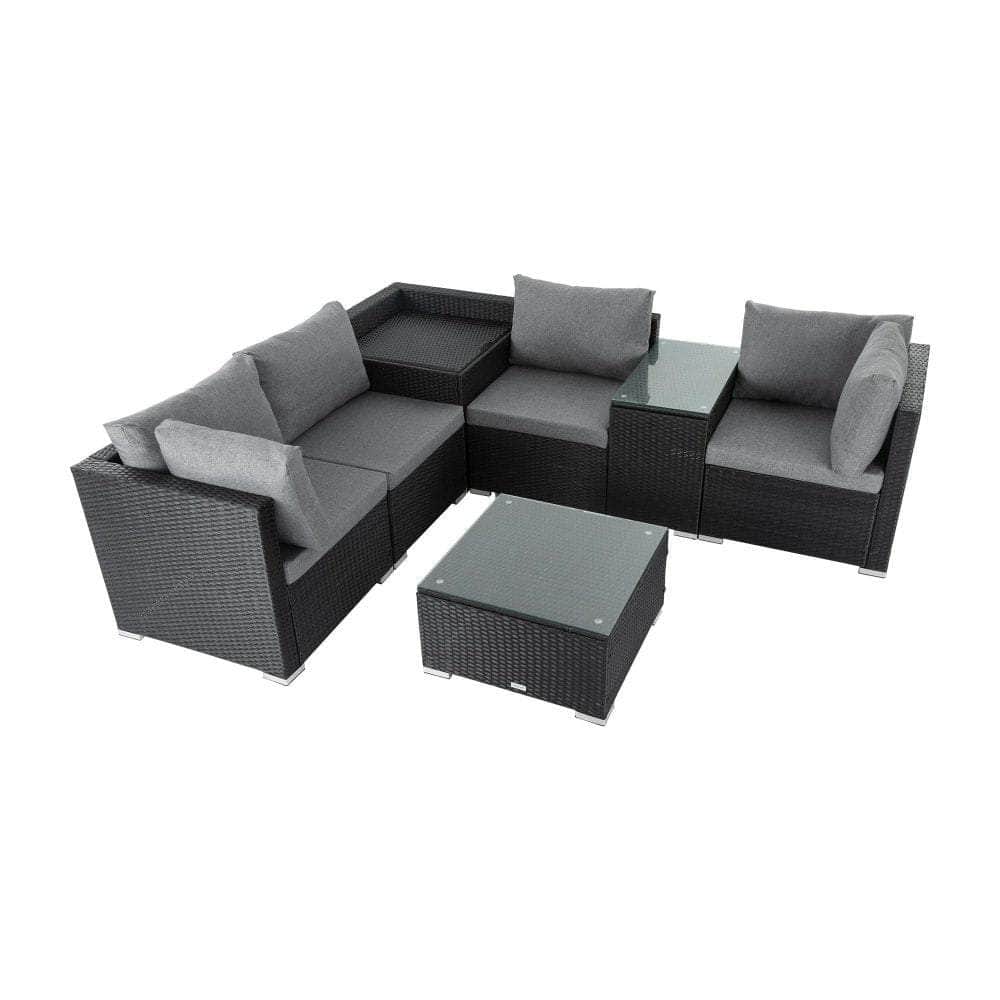 7Pc Outdoor Wicker Loveseat Setting With Storage Corner (Black)
