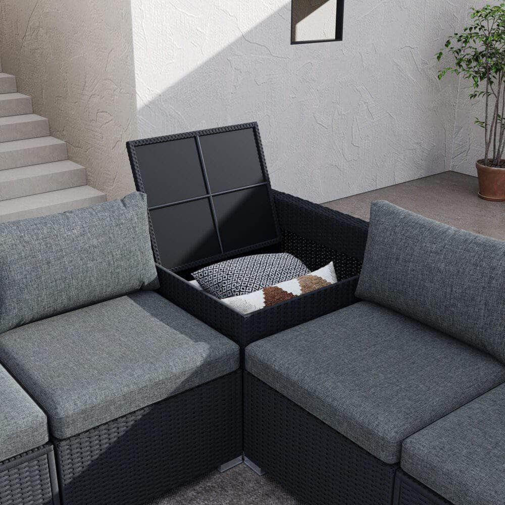 7Pc Outdoor Wicker Loveseat Setting With Storage Corner (Black)