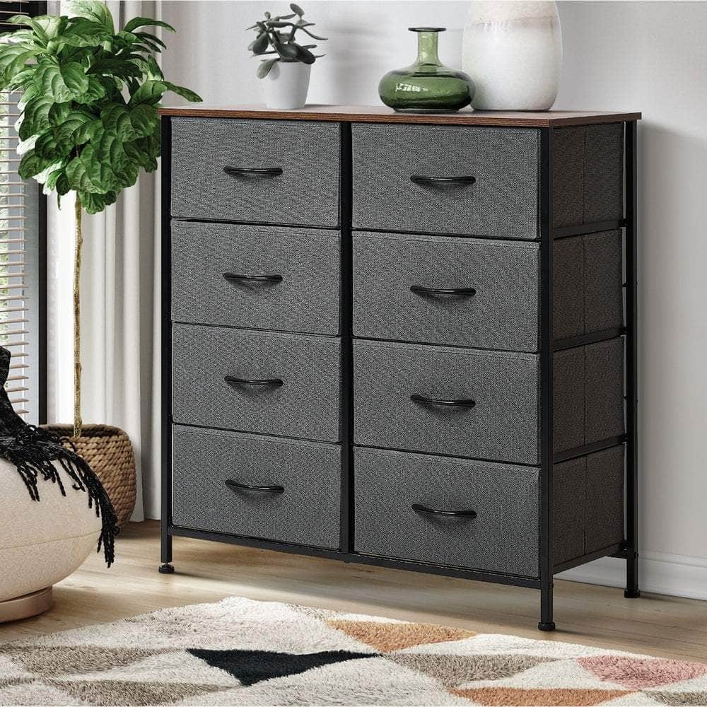 8-Drawer Chest Fabric Grey Wooden Tabletop Dresser Bedroom Storage Organizer