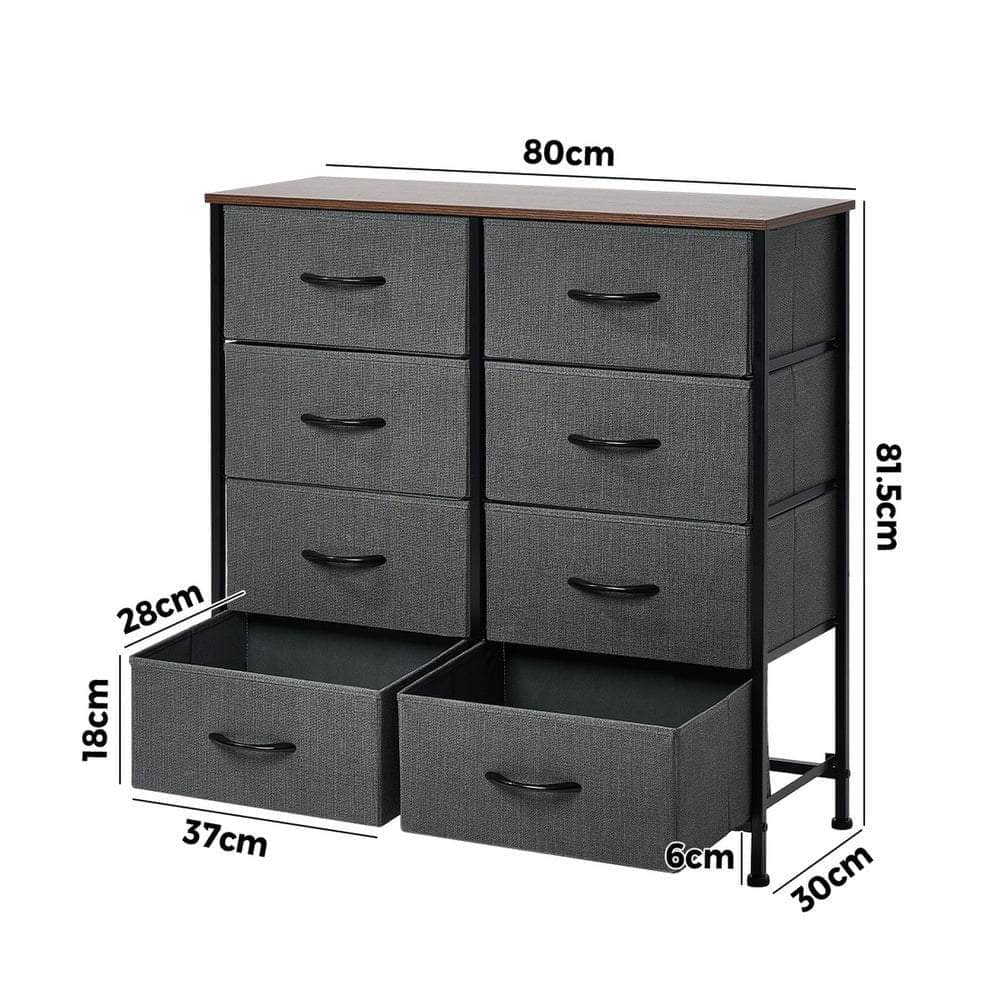 8-Drawer Chest Fabric Grey Wooden Tabletop Dresser Bedroom Storage Organizer