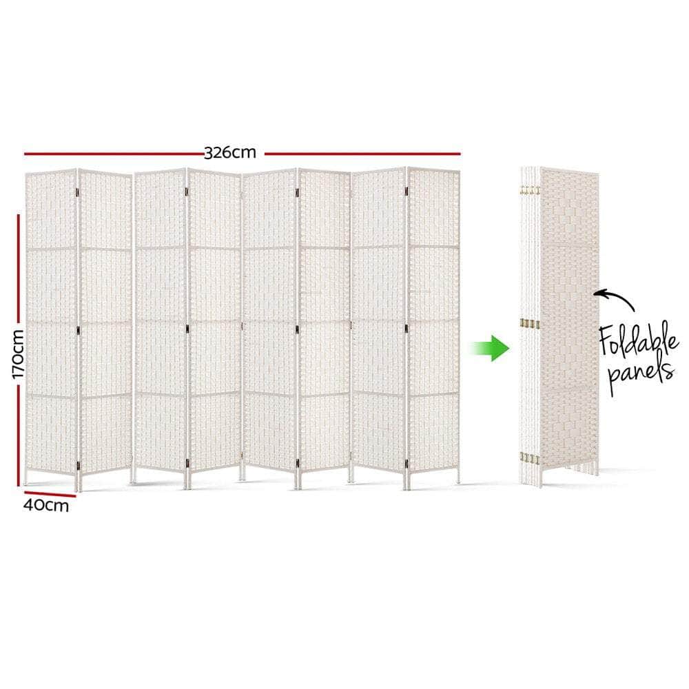 8 Panels Room Divider Screen Privacy Rattan Timber Fold Woven Stand White