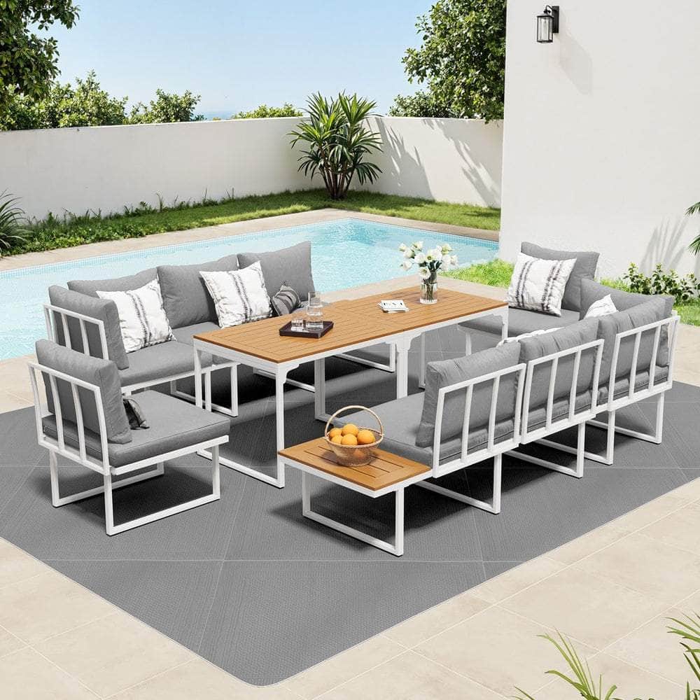 8 Seater Outdoor Dining Set Sofa Side Table Furniture Grey&White