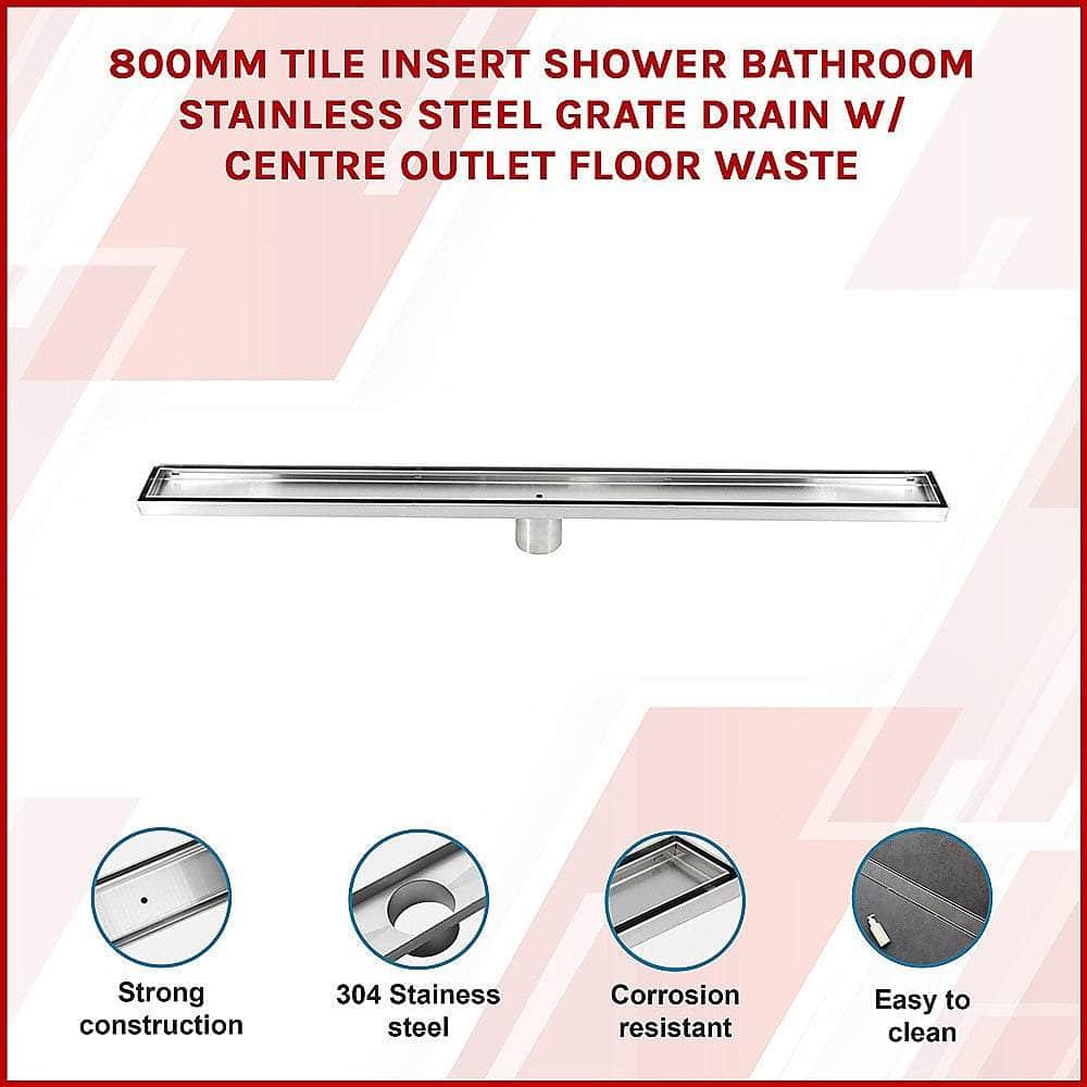 800Mm Tile Insert Shower Bathroom Stainless Steel Grate Drain W/Centre Outlet Floor Waste