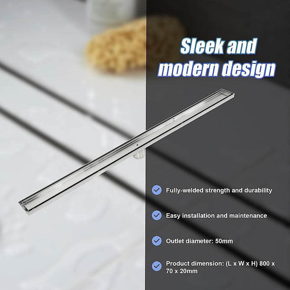 800Mm Tile Insert Shower Bathroom Stainless Steel Grate Drain W/Centre Outlet Floor Waste
