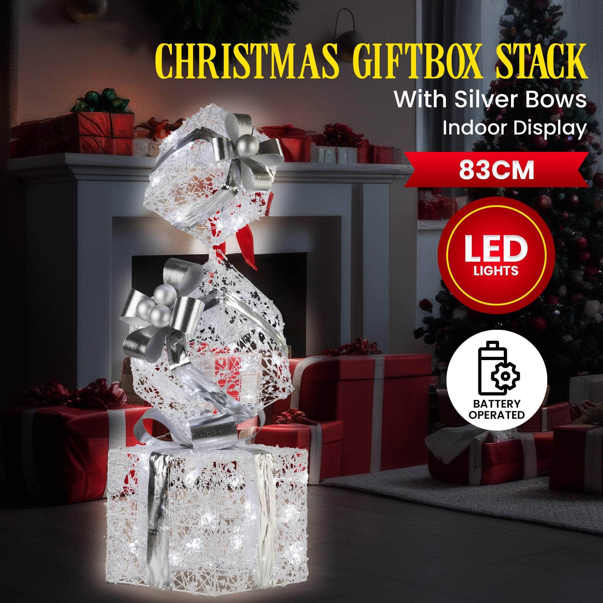83Cm - 83cm Triple Christmas Silver Giftbox Stack Display with Lights