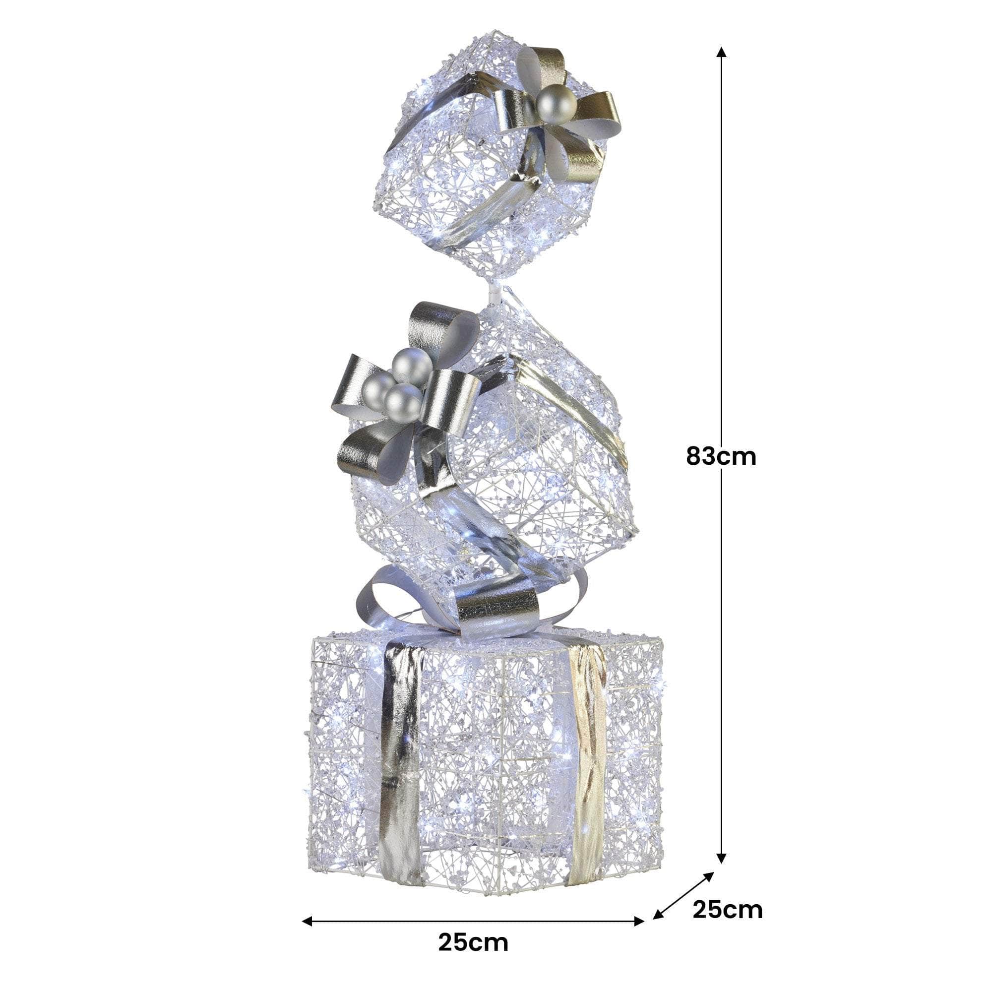 dsd - 83cm Triple Christmas Silver Giftbox Stack Display with Lights